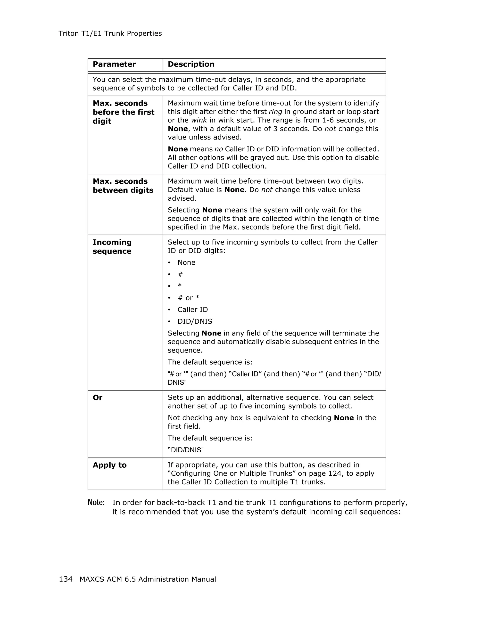 Triton T1/E1 Trunk Properties



         Parameter              Description

         You can select the maximum time-out delays, in seconds, and the appropriate
         sequence of symbols to be collected for Caller ID and DID.

         Max. seconds           Maximum wait time before time-out for the system to identify
         before the first       this digit after either the first ring in ground start or loop start
         digit                  or the wink in wink start. The range is from 1-6 seconds, or
                                None, with a default value of 3 seconds. Do not change this
                                value unless advised.
                                None means no Caller ID or DID information will be collected.
                                All other options will be grayed out. Use this option to disable
                                Caller ID and DID collection.

         Max. seconds           Maximum wait time before time-out between two digits.
         between digits         Default value is None. Do not change this value unless
                                advised.
                                Selecting None means the system will only wait for the
                                sequence of digits that are collected within the length of time
                                specified in the Max. seconds before the first digit field.

         Incoming               Select up to five incoming symbols to collect from the Caller
         sequence               ID or DID digits:
                                • None
                                • #
                                • *
                                • # or *
                                • Caller ID
                                • DID/DNIS
                                Selecting None in any field of the sequence will terminate the
                                sequence and automatically disable subsequent entries in the
                                sequence.
                                The default sequence is:
                                “# or *” (and then) “Caller ID” (and then) “# or *” (and then) “DID/
                                DNIS”

         Or                     Sets up an additional, alternative sequence. You can select
                                another set of up to five incoming symbols to collect.
                                Not checking any box is equivalent to checking None in the
                                first field.
                                The default sequence is:
                                “DID/DNIS”

         Apply to               If appropriate, you can use this button, as described in
                                “Configuring One or Multiple Trunks” on page 124, to apply
                                the Caller ID Collection to multiple T1 trunks.


        Note: In order for back-to-back T1 and tie trunk T1 configurations to perform properly,
               it is recommended that you use the system’s default incoming call sequences:




134 MAXCS ACM 6.5 Administration Manual
 