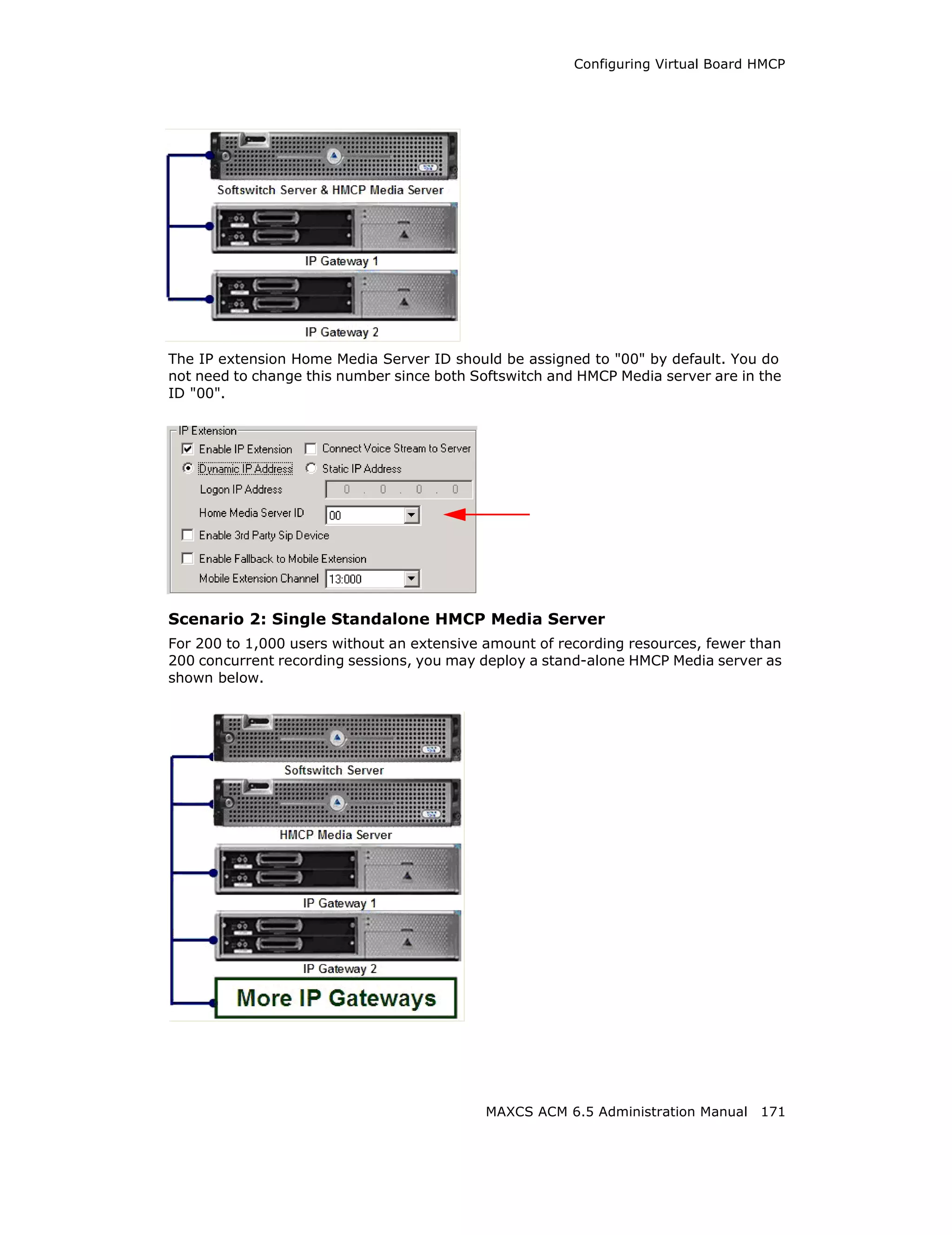 Configuring Virtual Board HMCP




The IP extension Home Media Server ID should be assigned to "00" by default. You do
not need to change this number since both Softswitch and HMCP Media server are in the
ID "00".




Scenario 2: Single Standalone HMCP Media Server
For 200 to 1,000 users without an extensive amount of recording resources, fewer than
200 concurrent recording sessions, you may deploy a stand-alone HMCP Media server as
shown below.




                                            MAXCS ACM 6.5 Administration Manual 171
 