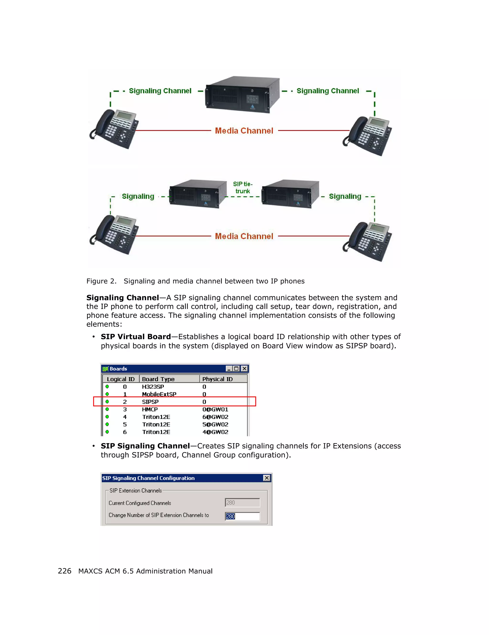Figure 2.   Signaling and media channel between two IP phones

       Signaling Channel—A SIP signaling channel communicates between the system and
       the IP phone to perform call control, including call setup, tear down, registration, and
       phone feature access. The signaling channel implementation consists of the following
       elements:
        • SIP Virtual Board—Establishes a logical board ID relationship with other types of
           physical boards in the system (displayed on Board View window as SIPSP board).




        • SIP Signaling Channel—Creates SIP signaling channels for IP Extensions (access
           through SIPSP board, Channel Group configuration).




226 MAXCS ACM 6.5 Administration Manual
 