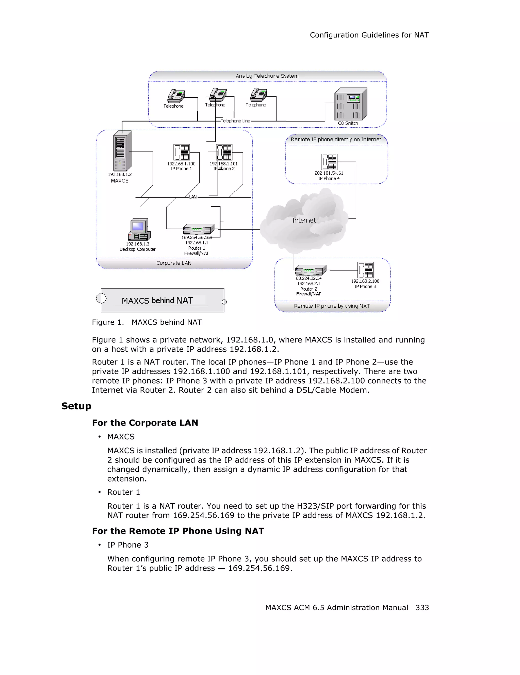 Configuration Guidelines for NAT




        Figure 1.   MAXCS behind NAT

        Figure 1 shows a private network, 192.168.1.0, where MAXCS is installed and running
        on a host with a private IP address 192.168.1.2.
        Router 1 is a NAT router. The local IP phones—IP Phone 1 and IP Phone 2—use the
        private IP addresses 192.168.1.100 and 192.168.1.101, respectively. There are two
        remote IP phones: IP Phone 3 with a private IP address 192.168.2.100 connects to the
        Internet via Router 2. Router 2 can also sit behind a DSL/Cable Modem.

Setup
        For the Corporate LAN
         • MAXCS
            MAXCS is installed (private IP address 192.168.1.2). The public IP address of Router
            2 should be configured as the IP address of this IP extension in MAXCS. If it is
            changed dynamically, then assign a dynamic IP address configuration for that
            extension.
         • Router 1
            Router 1 is a NAT router. You need to set up the H323/SIP port forwarding for this
            NAT router from 169.254.56.169 to the private IP address of MAXCS 192.168.1.2.

        For the Remote IP Phone Using NAT
         • IP Phone 3
            When configuring remote IP Phone 3, you should set up the MAXCS IP address to
            Router 1’s public IP address — 169.254.56.169.




                                                     MAXCS ACM 6.5 Administration Manual 333
 