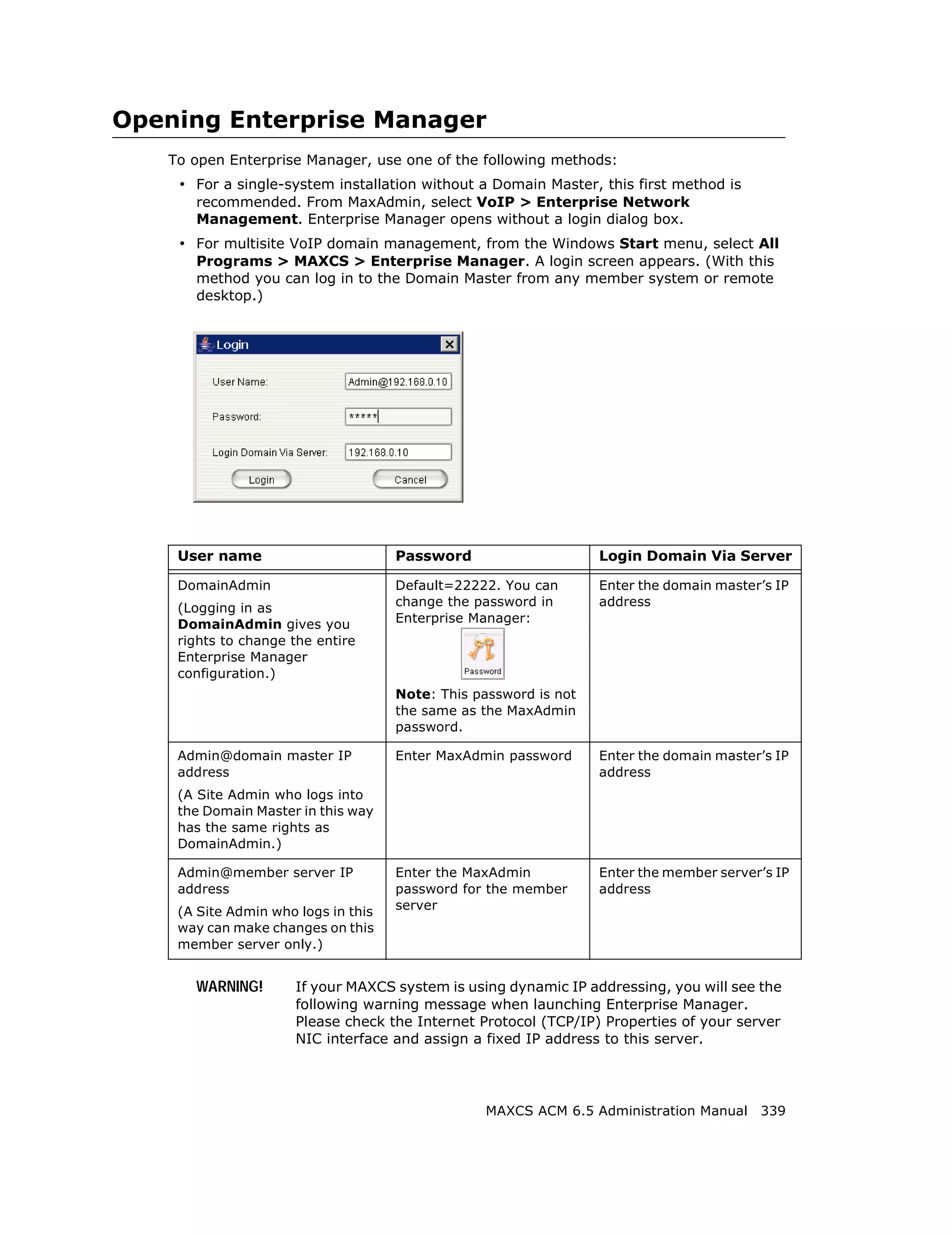 Opening Enterprise Manager
   To open Enterprise Manager, use one of the following methods:
    • For a single-system installation without a Domain Master, this first method is
      recommended. From MaxAdmin, select VoIP > Enterprise Network
      Management. Enterprise Manager opens without a login dialog box.
    • For multisite VoIP domain management, from the Windows Start menu, select All
      Programs > MAXCS > Enterprise Manager. A login screen appears. (With this
      method you can log in to the Domain Master from any member system or remote
      desktop.)




    User name                        Password                     Login Domain Via Server

    DomainAdmin                      Default=22222. You can       Enter the domain master’s IP
    (Logging in as                   change the password in       address
    DomainAdmin gives you            Enterprise Manager:
    rights to change the entire
    Enterprise Manager
    configuration.)
                                     Note: This password is not
                                     the same as the MaxAdmin
                                     password.

    Admin@domain master IP           Enter MaxAdmin password      Enter the domain master’s IP
    address                                                       address
    (A Site Admin who logs into
    the Domain Master in this way
    has the same rights as
    DomainAdmin.)

    Admin@member server IP           Enter the MaxAdmin           Enter the member server’s IP
    address                          password for the member      address
    (A Site Admin who logs in this   server
    way can make changes on this
    member server only.)


      WARNING!        If your MAXCS system is using dynamic IP addressing, you will see the
                      following warning message when launching Enterprise Manager.
                      Please check the Internet Protocol (TCP/IP) Properties of your server
                      NIC interface and assign a fixed IP address to this server.




                                                  MAXCS ACM 6.5 Administration Manual 339
 