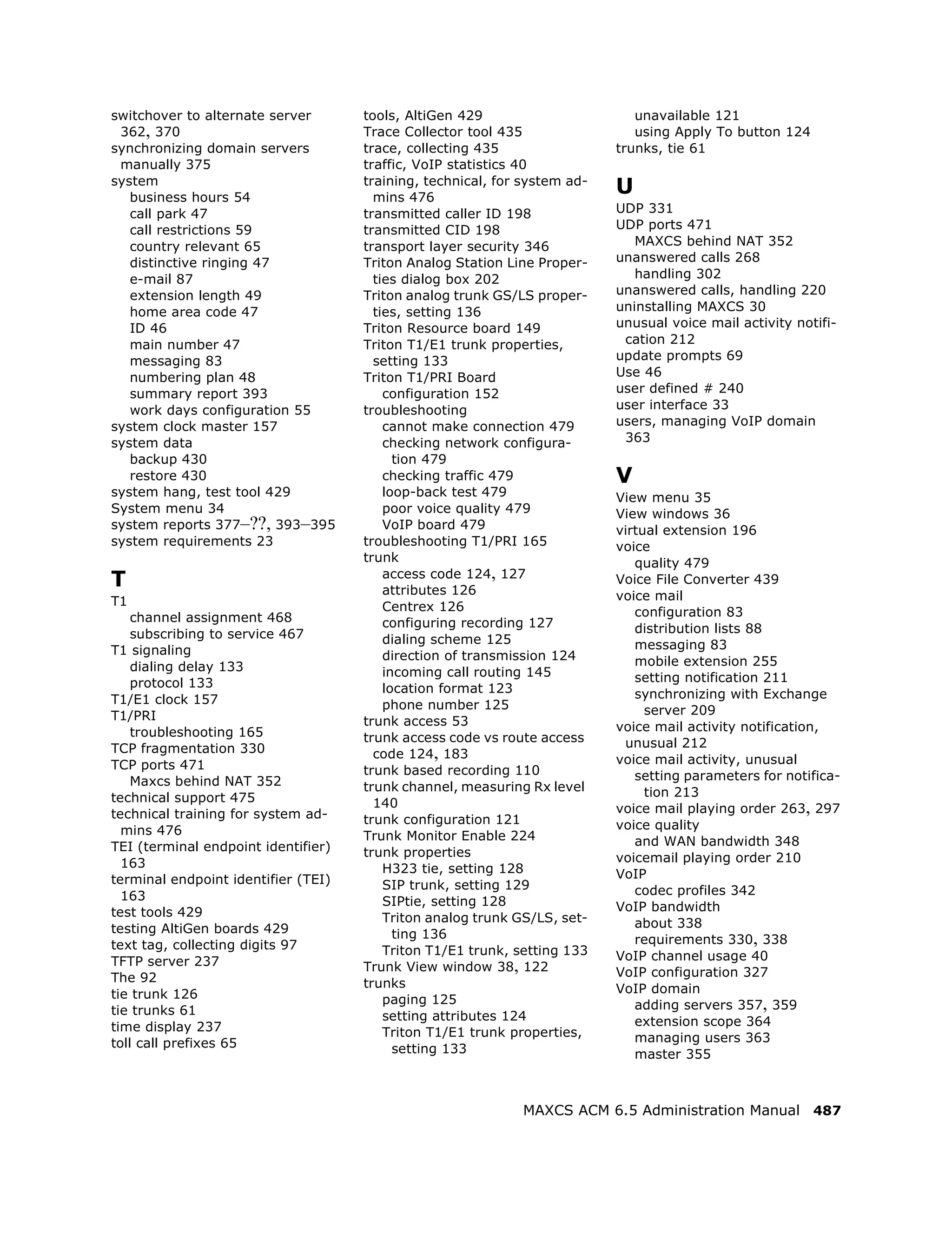 switchover to alternate server       tools, AltiGen 429                       unavailable 121
 362, 370                            Trace Collector tool 435                 using Apply To button 124
synchronizing domain servers         trace, collecting 435                 trunks, tie 61
 manually 375                        traffic, VoIP statistics 40
system
   business hours 54
                                     training, technical, for system ad-
                                       mins 476
                                                                           U
   call park 47                      transmitted caller ID 198             UDP 331
   call restrictions 59              transmitted CID 198                   UDP ports 471
   country relevant 65               transport layer security 346             MAXCS behind NAT 352
   distinctive ringing 47            Triton Analog Station Line Proper-    unanswered calls 268
   e-mail 87                           ties dialog box 202                    handling 302
   extension length 49               Triton analog trunk GS/LS proper-     unanswered calls, handling 220
   home area code 47                   ties, setting 136                   uninstalling MAXCS 30
   ID 46                             Triton Resource board 149             unusual voice mail activity notifi-
   main number 47                    Triton T1/E1 trunk properties,         cation 212
   messaging 83                        setting 133                         update prompts 69
   numbering plan 48                 Triton T1/PRI Board                   Use 46
   summary report 393                    configuration 152                 user defined # 240
   work days configuration 55        troubleshooting                       user interface 33
system clock master 157                  cannot make connection 479        users, managing VoIP domain
system data                              checking network configura-        363
   backup 430                              tion 479
   restore 430                           checking traffic 479              V
system hang, test tool 429               loop-back test 479                View menu 35
System menu 34                           poor voice quality 479            View windows 36
system reports 377–??, 393–395           VoIP board 479                    virtual extension 196
system requirements 23               troubleshooting T1/PRI 165            voice
                                     trunk                                    quality 479
T                                        access code 124, 127
                                         attributes 126
                                                                           Voice File Converter 439
T1                                                                         voice mail
                                         Centrex 126                          configuration 83
    channel assignment 468               configuring recording 127
    subscribing to service 467                                                distribution lists 88
                                         dialing scheme 125                   messaging 83
T1 signaling                             direction of transmission 124
    dialing delay 133                                                         mobile extension 255
                                         incoming call routing 145            setting notification 211
    protocol 133                         location format 123
T1/E1 clock 157                                                               synchronizing with Exchange
                                         phone number 125                       server 209
T1/PRI                               trunk access 53
    troubleshooting 165                                                    voice mail activity notification,
                                     trunk access code vs route access      unusual 212
TCP fragmentation 330                  code 124, 183
TCP ports 471                                                              voice mail activity, unusual
                                     trunk based recording 110                setting parameters for notifica-
    Maxcs behind NAT 352             trunk channel, measuring Rx level
technical support 475                                                           tion 213
                                       140                                 voice mail playing order 263, 297
technical training for system ad-    trunk configuration 121
  mins 476                                                                 voice quality
                                     Trunk Monitor Enable 224                 and WAN bandwidth 348
TEI (terminal endpoint identifier)   trunk properties
  163                                                                      voicemail playing order 210
                                         H323 tie, setting 128             VoIP
terminal endpoint identifier (TEI)       SIP trunk, setting 129
  163                                                                         codec profiles 342
                                         SIPtie, setting 128               VoIP bandwidth
test tools 429                           Triton analog trunk GS/LS, set-
testing AltiGen boards 429                                                    about 338
                                           ting 136                           requirements 330, 338
text tag, collecting digits 97           Triton T1/E1 trunk, setting 133
TFTP server 237                                                            VoIP channel usage 40
                                     Trunk View window 38, 122             VoIP configuration 327
The 92                               trunks
tie trunk 126                                                              VoIP domain
                                         paging 125                           adding servers 357, 359
tie trunks 61                            setting attributes 124
time display 237                                                              extension scope 364
                                         Triton T1/E1 trunk properties,       managing users 363
toll call prefixes 65                      setting 133                        master 355



                                                             MAXCS ACM 6.5 Administration Manual 487
 