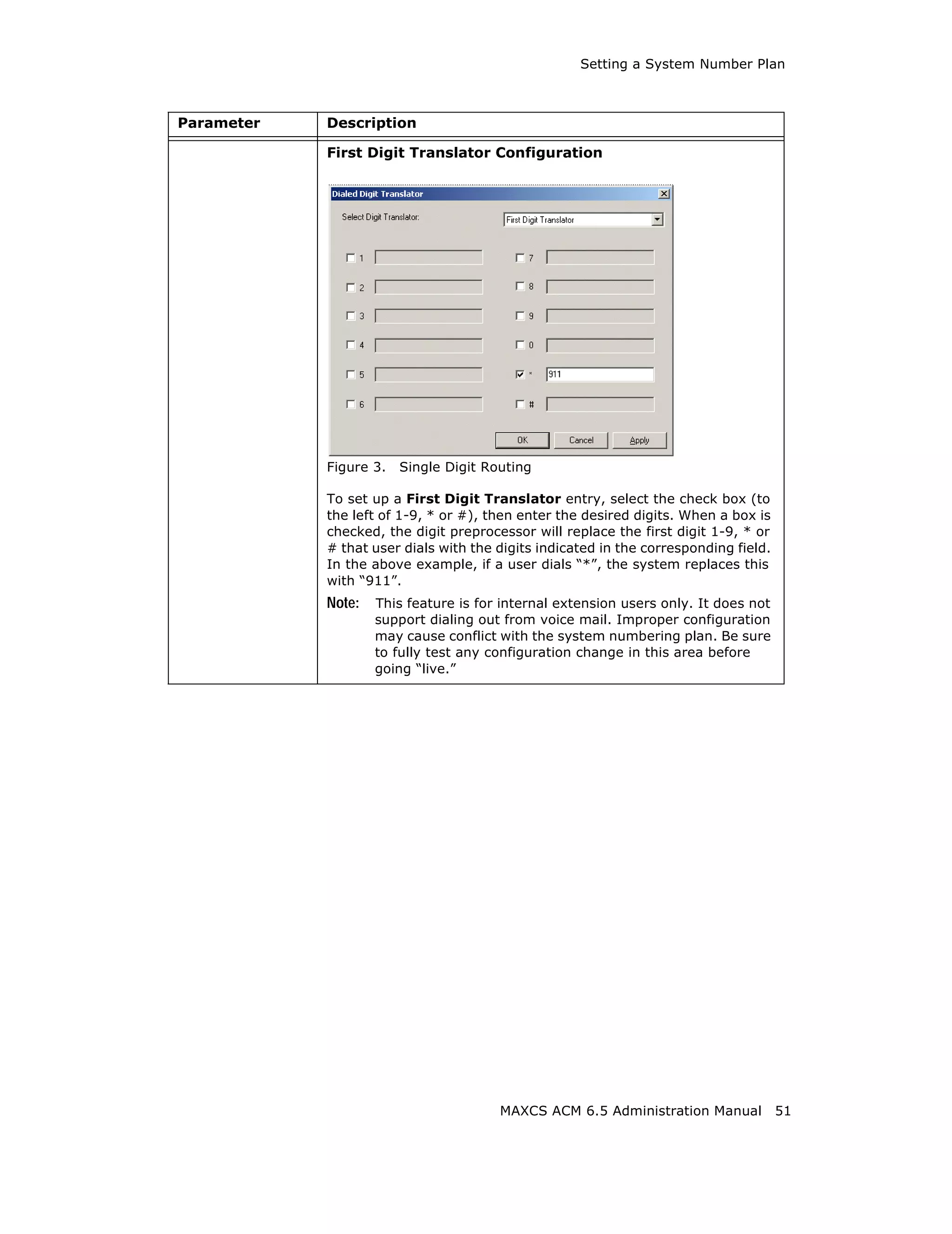 Setting a System Number Plan



Parameter   Description

            First Digit Translator Configuration




            Figure 3.   Single Digit Routing

            To set up a First Digit Translator entry, select the check box (to
            the left of 1-9, * or #), then enter the desired digits. When a box is
            checked, the digit preprocessor will replace the first digit 1-9, * or
            # that user dials with the digits indicated in the corresponding field.
            In the above example, if a user dials “*”, the system replaces this
            with “911”.
            Note:   This feature is for internal extension users only. It does not
                    support dialing out from voice mail. Improper configuration
                    may cause conflict with the system numbering plan. Be sure
                    to fully test any configuration change in this area before
                    going “live.”




                                       MAXCS ACM 6.5 Administration Manual            51
 
