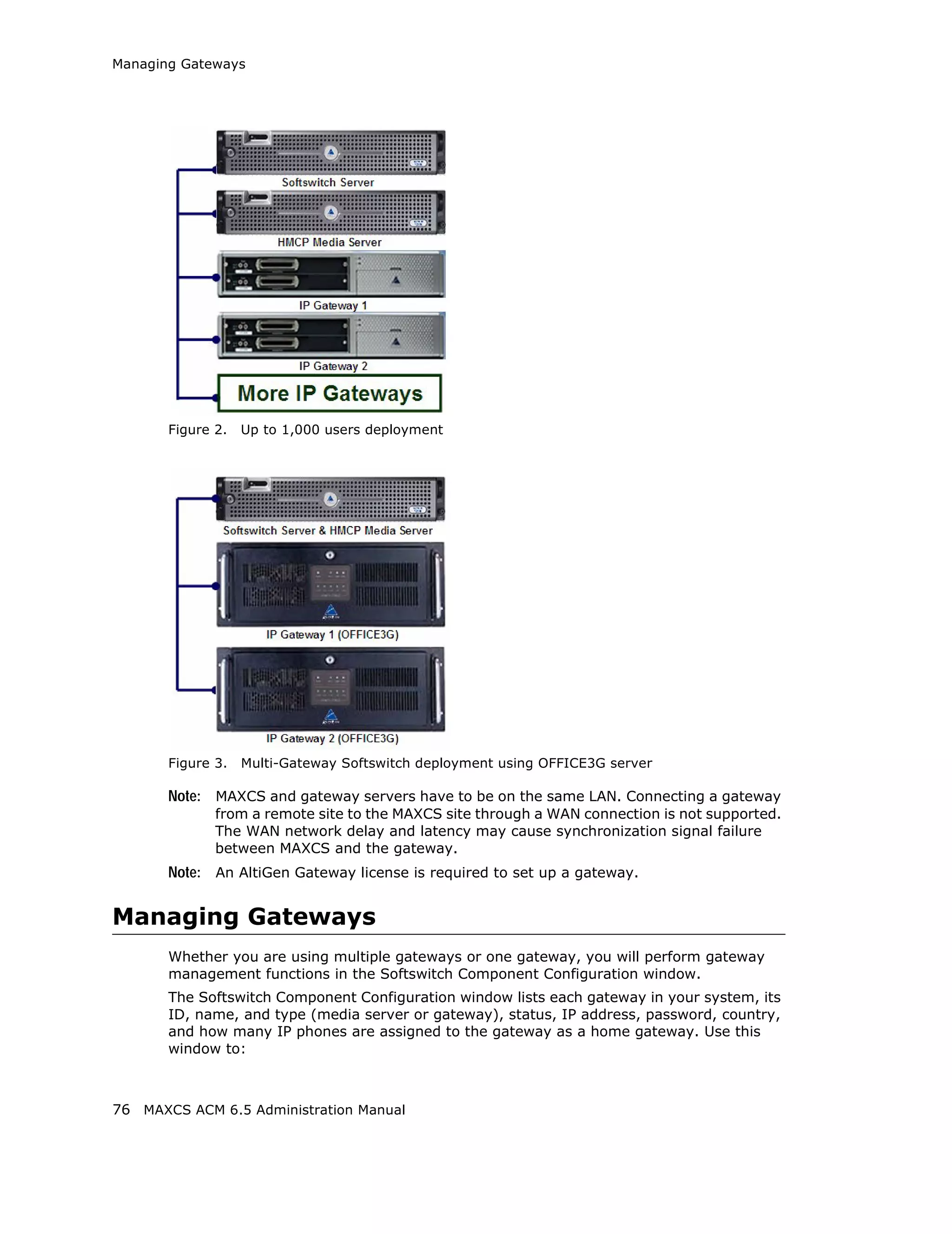 Managing Gateways




       Figure 2.   Up to 1,000 users deployment




       Figure 3.   Multi-Gateway Softswitch deployment using OFFICE3G server

       Note: MAXCS and gateway servers have to be on the same LAN. Connecting a gateway
              from a remote site to the MAXCS site through a WAN connection is not supported.
              The WAN network delay and latency may cause synchronization signal failure
              between MAXCS and the gateway.
       Note: An AltiGen Gateway license is required to set up a gateway.


Managing Gateways
       Whether you are using multiple gateways or one gateway, you will perform gateway
       management functions in the Softswitch Component Configuration window.
       The Softswitch Component Configuration window lists each gateway in your system, its
       ID, name, and type (media server or gateway), status, IP address, password, country,
       and how many IP phones are assigned to the gateway as a home gateway. Use this
       window to:



76 MAXCS ACM 6.5 Administration Manual
 