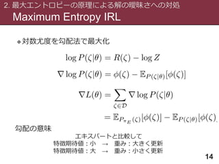 Maximum Entropy IRL
2. 最大エントロピーの原理による解の曖昧さへの対処
14
対数尤度を勾配法で最大化
エキスパートと比較して
特徴期待値：小 → 重み：大きく更新
特徴期待値：大 → 重み：小さく更新
勾配の意味
 