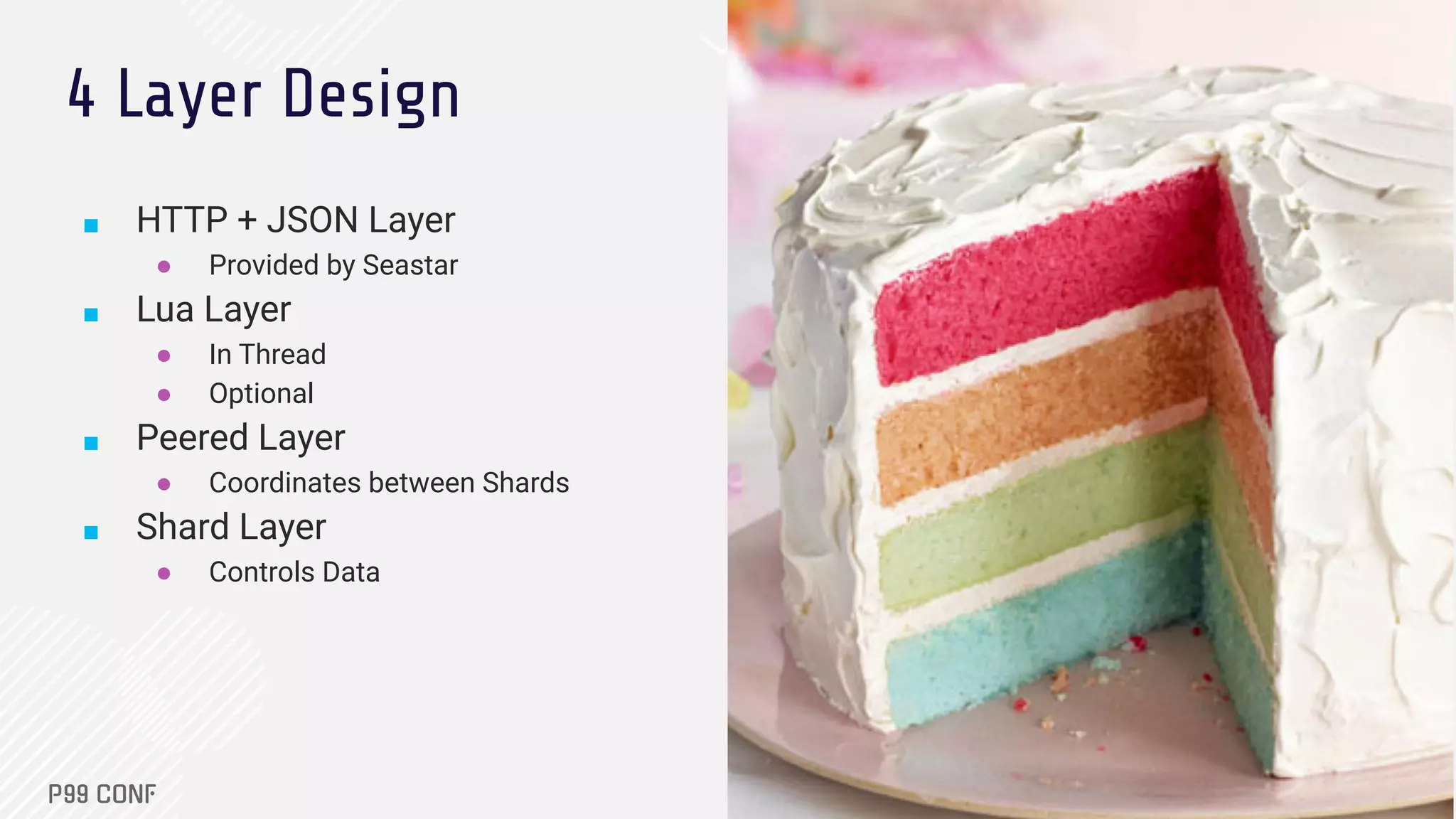 4 Layer Design
■ HTTP + JSON Layer
● Provided by Seastar
■ Lua Layer
● In Thread
● Optional
■ Peered Layer
● Coordinates between Shards
■ Shard Layer
● Controls Data
 