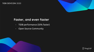 Faster, and even faster
- TiDB performance (50% faster)
- Open Source Community
 