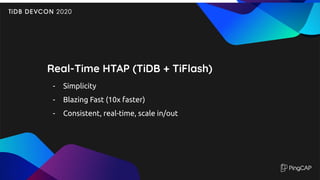 Real-Time HTAP (TiDB + TiFlash)
- Simplicity
- Blazing Fast (10x faster)
- Consistent, real-time, scale in/out
 