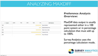 *Cool New Stuff*

ANALYZING MAXDIFF
Preference Analysis
Overview:
MaxDiff data output is usually
represented either in a 100
point system or in percentage
calculation that must add up
to 100%.
Survey Analytics uses the
percentage calculation mode.

Friday, October 18, 13

 