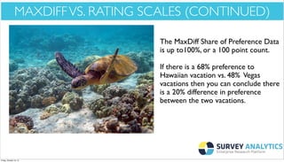 *Cool New Stuff*

MAXDIFF VS. RATING SCALES (CONTINUED)
The MaxDiff Share of Preference Data
is up to100%, or a 100 point count.
If there is a 68% preference to
Hawaiian vacation vs. 48% Vegas
vacations then you can conclude there
is a 20% difference in preference
between the two vacations.

Friday, October 18, 13

 