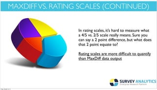 *Cool New Stuff*

MAXDIFF VS. RATING SCALES (CONTINUED)
In rating scales, it’s hard to measure what
a 4/5 vs. 2/5 scale really means. Sure you
can say a 2 point difference, but what does
that 2 point equate to?
Rating scales are more difﬁcult to quantify
than MaxDiff data output

Friday, October 18, 13

 