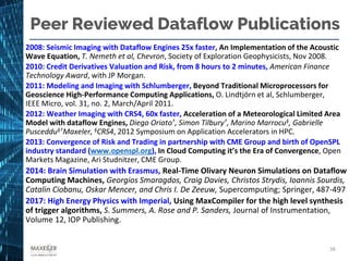 Peer Reviewed Dataflow Publications
2008: Seismic Imaging with Dataflow Engines 25x faster, An Implementation of the Acoustic
Wave Equation, T. Nemeth et al, Chevron, Society of Exploration Geophysicists, Nov 2008.
2010: Credit Derivatives Valuation and Risk, from 8 hours to 2 minutes, American Finance
Technology Award, with JP Morgan.
2011: Modeling and Imaging with Schlumberger, Beyond Traditional Microprocessors for
Geoscience High-Performance Computing Applications, O. Lindtjörn et al, Schlumberger,
IEEE Micro, vol. 31, no. 2, March/April 2011.
2012: Weather Imaging with CRS4, 60x faster, Acceleration of a Meteorological Limited Area
Model with dataflow Engines, Diego Oriato†, Simon Tilbury†, Marino Marrocu§, Gabrielle
Pusceddu§†Maxeler, §CRS4, 2012 Symposium on Application Accelerators in HPC.
2013: Convergence of Risk and Trading in partnership with CME Group and birth of OpenSPL
industry standard (www.openspl.org), In Cloud Computing it’s the Era of Convergence, Open
Markets Magazine, Ari Studnitzer, CME Group.
2014: Brain Simulation with Erasmus, Real-Time Olivary Neuron Simulations on Dataflow
Computing Machines, Georgios Smaragdos, Craig Davies, Christos Strydis, Ioannis Sourdis,
Catalin Ciobanu, Oskar Mencer, and Chris I. De Zeeuw, Supercomputing; Springer, 487-497
2017: High Energy Physics with Imperial, Using MaxCompiler for the high level synthesis
of trigger algorithms, S. Summers, A. Rose and P. Sanders, Journal of Instrumentation,
Volume 12, IOP Publishing.
36
 