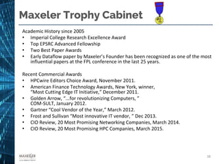 Maxeler Trophy Cabinet
Academic History since 2005
• Imperial College Research Excellence Award
• Top EPSRC Advanced Fellowship
• Two Best Paper Awards
• Early Dataflow paper by Maxeler’s Founder has been recognized as one of the most
influential papers at the FPL conference in the last 25 years.
Recent Commercial Awards
• HPCwire Editors Choice Award, November 2011.
• American Finance Technology Awards, New York, winner,
“Most Cutting Edge IT Initiative,” December 2011.
• Golden Arrow, “...for revolutionizing Computers, ”
COM-SULT, January 2012.
• Gartner “Cool Vendor of the Year,” March 2012.
• Frost and Sullivan “Most innovative IT vendor, ” Dec 2013.
• CIO Review, 20 Most Promising Networking Companies, March 2014.
• CIO Review, 20 Most Promising HPC Companies, March 2015.
38
 