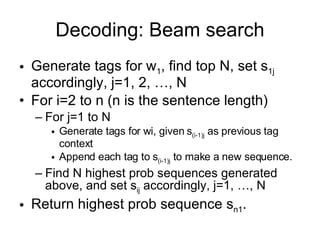 Decoding: Beam search Generate tags for w 1 , find top N, set s 1j  accordingly, j=1, 2, …, N For i=2 to n (n is the sentence length) For j=1 to N Generate tags for wi, given s (i-1)j  as previous tag context Append each tag to s (i-1)j  to make a new sequence. Find N highest prob sequences generated above, and set s ij  accordingly, j=1, …, N Return highest prob sequence s n1 . 