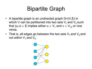 Bipartite Graph
• A bipartite graph is an undirected graph G=(V,E) in
which V can be partitioned into two sets V1 and V2 such
that (u,v)  E implies either u  V1 and v  V12 or vice
versa.
• That is, all edges go between the two sets V1 and V2 and
not within V1 and V2.
 