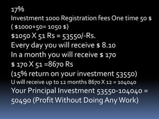 17%Investment 1000 Registration fees One time 50 $ ( $1000+50= 1050 $)$1050 X 51 Rs = 53550/-Rs.Every day you will receive $ 8.10In a month you will receive $ 170$ 170 X 51 =8670 Rs(15% return on your investment 53550)U will receive up to 12 months 8670 X 12 = 104040Your Principal Investment 53550-104040 = 50490 (Profit Without Doing Any Work)