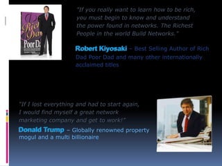 Global Network MarketingOver $100 Billion Annually‘’Every 11 seconds Someone new starts a home based business’’Who’s Involved?Donald Trump
