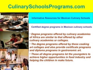 CulinarySchoolsPrograms.com ,[object Object],[object Object],[object Object],Informative Resources for Mexican Culinary Schools Certified degree programs in Mexican culinary schools 