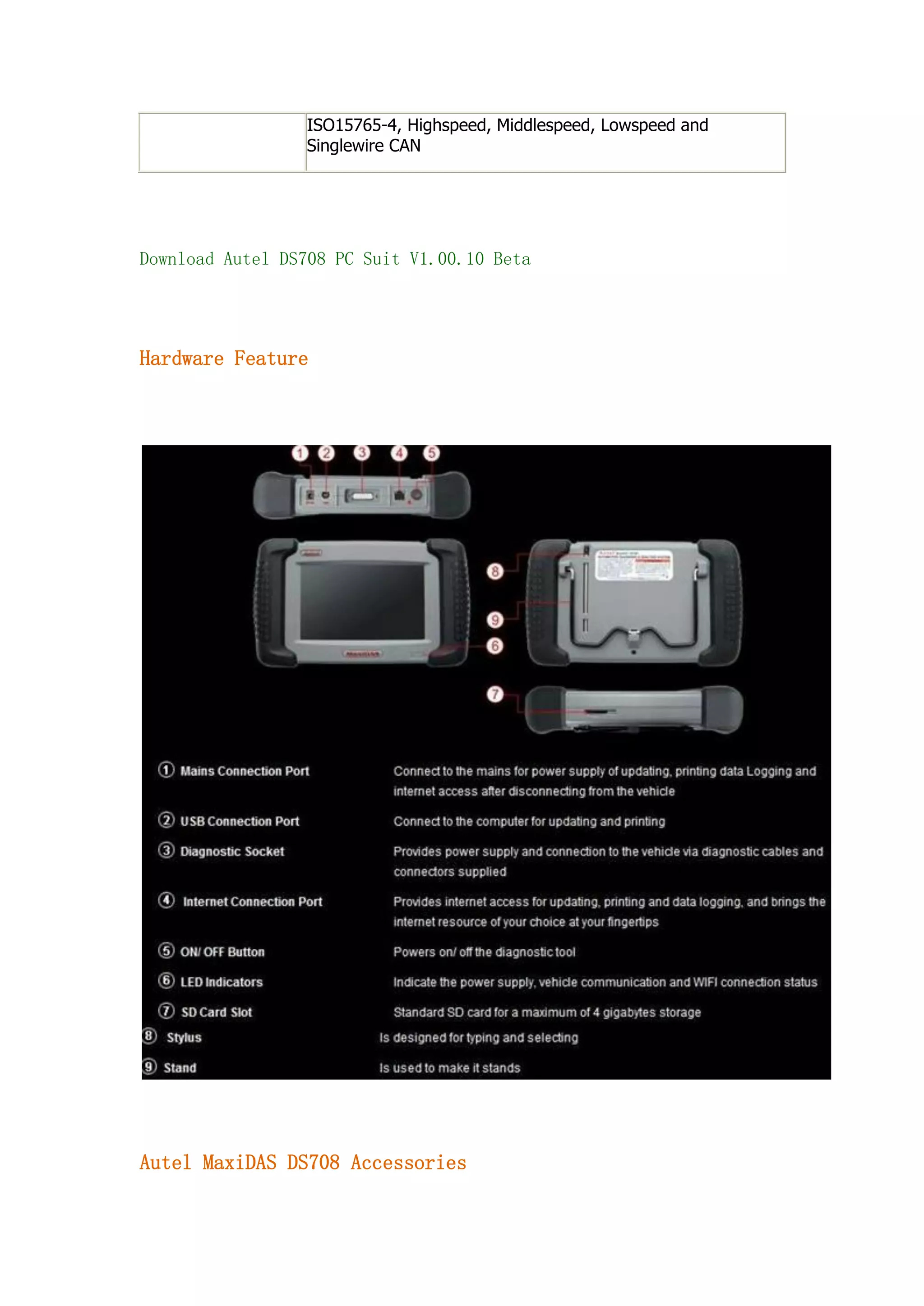 ISO15765-4, Highspeed, Middlespeed, Lowspeed and
Singlewire CAN

Download Autel DS708 PC Suit V1.00.10 Beta

Hardware Feature

Autel MaxiDAS DS708 Accessories

 