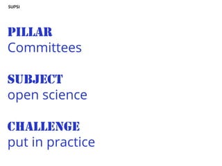 Pillar
Committees
Subject
open science
Challenge
put in practice
 