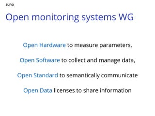 Open monitoring systems WG
Open Hardware to measure parameters,
Open Software to collect and manage data,
Open Standard to semantically communicate
Open Data licenses to share information
 