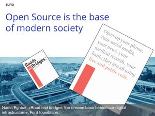 Open Source is the base
of modern society
Nadia Eghbal, «Road and bridges, the unseen labor behind our digital
infrastructure», Ford foundation.
 