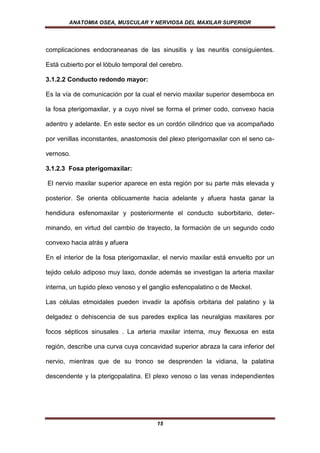 ANATOMIA OSEA, MUSCULAR Y NERVIOSA DEL MAXILAR SUPERIOR




complicaciones endocraneanas de las sinusitis y las neuritis consiguientes.

Está cubierto por el lóbulo temporal del cerebro.

3.1.2.2 Conducto redondo mayor:

Es la vía de comunicación por la cual el nervio maxilar superior desemboca en

la fosa pterigomaxilar, y a cuyo nivel se forma el primer codo, convexo hacia

adentro y adelante. En este sector es un cordón cilindrico que va acompañado

por venillas inconstantes, anastomosis del plexo pterigomaxilar con el seno ca-

vernoso.

3.1.2.3 Fosa pterigomaxilar:

El nervio maxilar superior aparece en esta región por su parte más elevada y

posterior. Se orienta oblicuamente hacia adelante y afuera hasta ganar la

hendidura esfenomaxilar y posteriormente el conducto suborbitario, deter-

minando, en virtud del cambio de trayecto, la formación de un segundo codo

convexo hacia atrás y afuera

En el interior de la fosa pterigomaxilar, el nervio maxilar está envuelto por un

tejido celulo adiposo muy laxo, donde además se investigan la arteria maxilar

interna, un tupido plexo venoso y el ganglio esfenopalatino o de Meckel.

Las células etmoidales pueden invadir la apófisis orbitaria del palatino y la

delgadez o dehiscencia de sus paredes explica las neuralgias maxilares por

focos sépticos sinusales . La arteria maxilar interna, muy flexuosa en esta

región, describe una curva cuya concavidad superior abraza la cara inferior del

nervio, mientras que de su tronco se desprenden la vidiana, la palatina

descendente y la pterigopalatina. El plexo venoso o las venas independientes




                                       15
 