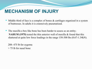 MECHANISM OF INJURY
 Middle third of face is a complex of bones & cartilages organized in a system
of buttresses. In adults it is extensively pneumatized.
 The maxilla a box like bone has been harder to assess as an entity;
NAHUM (1975) tested the thin anterior wall of maxilla & found that this
shattered at quite low force loadings in the range 150-300 lbs (0.67-1.34kN).
208- 475 lb for zygoma
> 75 lb for nasal bone
 