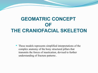GEOMATRIC CONCEPT
OF
THE CRANIOFACIAL SKELETON
 These models represents simplified interpretations of the
complex anatomy of the bony structural pillars that
transmits the forces of mastication, devised to further
understanding of fracture patterns .
 