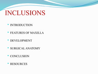 INCLUSIONS
 INTRODUCTION
 FEATURES OF MAXILLA
 DEVELOPMENT
 SURGICAL ANATOMY
 CONCLUSION
 RESOURCES
 