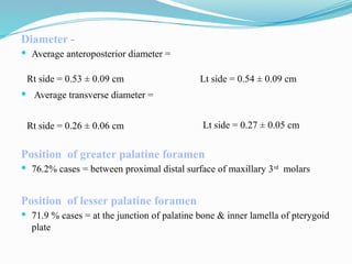 Diameter -
 Average anteroposterior diameter =
 Average transverse diameter =
Position of greater palatine foramen
 76.2% cases = between proximal distal surface of maxillary 3rd
molars
Position of lesser palatine foramen
 71.9 % cases = at the junction of palatine bone & inner lamella of pterygoid
plate
Rt side = 0.53 ± 0.09 cm Lt side = 0.54 ± 0.09 cm
Lt side = 0.27 ± 0.05 cm
Rt side = 0.26 ± 0.06 cm
 