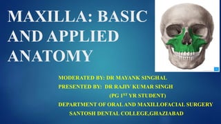 MAXILLA: BASIC
AND APPLIED
ANATOMY
MODERATED BY: DR MAYANK SINGHAL
PRESENTED BY: DR RAJIV KUMAR SINGH
(PG 1ST YR STUDENT)
DEPARTMENT OF ORALAND MAXILLOFACIAL SURGERY
SANTOSH DENTAL COLLEGE,GHAZIABAD
 