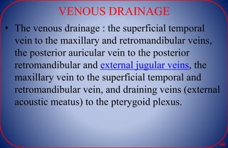VENOUS DRAINAGE
• The venous drainage : the superficial temporal
vein to the maxillary and retromandibular veins,
the posterior auricular vein to the posterior
retromandibular and external jugular veins, the
maxillary vein to the superficial temporal and
retromandibular vein, and draining veins (external
acoustic meatus) to the pterygoid plexus.
60
 