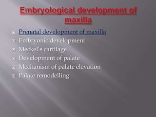  Prenatal development of maxilla
 Embryonic development
 Meckel’s cartilage
 Development of palate
 Mechanism of palate elevation
 Palate remodelling
 