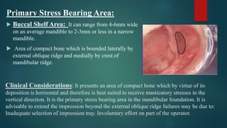Clinical Considerations: It presents an area of compact bone which by virtue of its
deposition is horizontal and therefore is best suited to receive masticatory stresses in the
vertical direction. It is the primary stress bearing area in the mandibular foundation. It is
advisable to extend the impression beyond the external oblique ridge failures may be due to:
Inadequate selection of impression tray. Involuntary effort on part of the operator.
Primary Stress Bearing Area:
 Buccal Shelf Area: It can range from 4-6mm wide
on an average mandible to 2-3mm or less in a narrow
mandible.
 Area of compact bone which is bounded laterally by
external oblique ridge and medially by crest of
mandibular ridge.
 