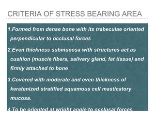 CRITERIA OF STRESS BEARING AREA
1.Formed from dense bone with its trabeculae oriented
perpendicular to occlusal forces
2.Even thickness submucosa with structures act as
cushion (muscle fibers, salivary gland, fat tissue) and
firmly attached to bone
3.Covered with moderate and even thickness of
keratenized stratified squamous cell masticatory
mucosa.
4.To be oriented at wright angle to occlusal forces
 