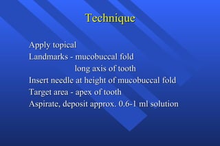 Technique Apply topical Landmarks - mucobuccal fold long axis of tooth Insert needle at height of mucobuccal fold Target area - apex of tooth Aspirate, deposit approx. 0.6-1 ml solution 