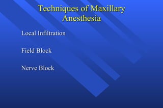 Techniques of Maxillary Anesthesia Local Infiltration Field Block Nerve Block 