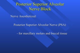Posterior Superior Alveolar Nerve Block Nerve Anesthetized: Posterior Superior Alveolar Nerve (PSA) - for maxillary molars and buccal tissue  