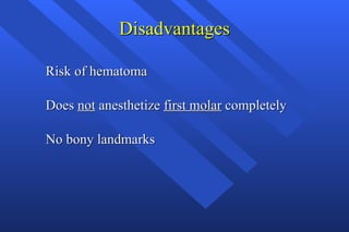 Disadvantages Risk of hematoma Does  not  anesthetize  first molar  completely No bony landmarks 
