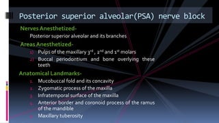NervesAnesthetized-
Posterior superior alveolar and its branches
AreasAnesthetized-
1) Pulps of the maxillary 3rd , 2nd and 1st molars
2) Buccal periodontium and bone overlying these
teeth
Anatomical Landmarks-
1. Mucobuccal fold and its concavity
2. Zygomatic process of the maxilla
3. Infratemporal surface of the maxilla
4. Anterior border and coronoid process of the ramus
of the mandible
5. Maxillary tuberosity
Posterior superior alveolar(PSA) nerve block
 