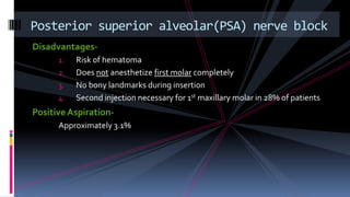 Disadvantages-
1. Risk of hematoma
2. Does not anesthetize first molar completely
3. No bony landmarks during insertion
4. Second injection necessary for 1st maxillary molar in 28% of patients
Positive Aspiration-
Approximately 3.1%
Posterior superior alveolar(PSA) nerve block
 