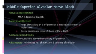 Nerves anaesthetized
MSA & terminal branch
Areas anaesthetized
1. Pulps of maxillary 1st & 2nd premolar & mesiobuccal root of 1st
molar(28%)
2. Buccal periodontal tissues & bone of these teeth
Anatomical landmarks
Mucobuccal fold above the maxillary 2nd premolar
Advantages– minimizes no. of injection & volume of solution
Middle Superior Alveolar Nerve Block
 