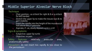 Technique
1. Chair position– 10 0’clock for right & 8 or 9 0’clock
for left handed
2. Stretch the upper lip to make the tissues taut & to
gain visibility
3. Insert the needle into the height of the mucobuccal
fold above the 2nd premolar
4. Aspirate, if –ve, slowly deposit 0.9 to 1.2 ml
Signs & symptoms
1. Subjective: upper lip numb
2. Objective: no pain
Safety features: relatively avascular area,
anatomically safety
Precaution– do not insert too rapidly & too close to
the periosteum
Middle Superior Alveolar Nerve Block
 