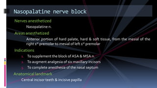Nerves anesthetized
Nasopalatine n.
Areas anesthetized
Anterior portion of hard palate, hard & soft tissue, from the mesial of the
right 1st premolar to mesial of left 1st premolar
Indications
1. To supplement the block of ASA & MSA n.
2. To augment analgesia of six maxillary incisors
3. To complete anesthesia of the nasal septum
Anatomical landmark
Central incisor teeth & incisive papilla
Nasopalatine nerve block
 