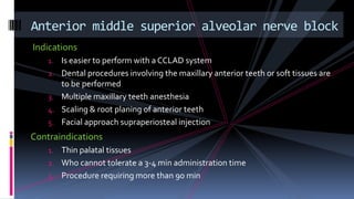 Indications
1. Is easier to perform with a CCLAD system
2. Dental procedures involving the maxillary anterior teeth or soft tissues are
to be performed
3. Multiple maxillary teeth anesthesia
4. Scaling & root planing of anterior teeth
5. Facial approach supraperiosteal injection
Contraindications
1. Thin palatal tissues
2. Who cannot tolerate a 3-4 min administration time
3. Procedure requiring more than 90 min
Anterior middle superior alveolar nerve block
 