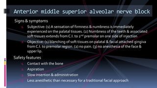 Signs & symptoms
1. Subjective: (1) A sensation of firmness & numbness is immediately
experienced on the palatal tissues. (2) Numbness of the teeth & associated
soft tissues extends from C.I. to 2nd premolar on one side of injection
2. Objective: (1) blanching of soft tissues on palatal & facial attached gingiva
fromC.I. to premolar region. (2) no pain. (3) no anesthesia of the face &
upper lip.
Safety features
1. Contact with the bone
2. Aspiration
3. Slow insertion & administration
4. Less anesthetic than necessary for a traditional facial approach
Anterior middle superior alveolar nerve block
 