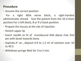 Procedure
• Assume the correct position
For a right MSA nerve block, a right-handed
administrator should face the patient from the 10 o'clock
position.For a left block, 8 or 9 o'clock position.
• Prepare the tissues at the site of injection.
• Stretch upper lip
• Insert needle to ht of mucobuccal fold above max 2nd
pm with bevel towards bone.
• Aspirate.If -ve , deposit 0.9 to 1.2 ml of solution over 10
to 40 S.
• Withdraw syringe Wait for 3 to 5 min.
 