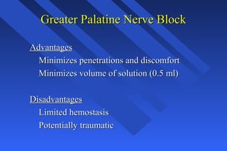 Greater Palatine Nerve BlockGreater Palatine Nerve Block
AdvantagesAdvantages
Minimizes penetrations and discomfortMinimizes penetrations and discomfort
Minimizes volume of solution (0.5 ml)Minimizes volume of solution (0.5 ml)
DisadvantagesDisadvantages
Limited hemostasisLimited hemostasis
Potentially traumaticPotentially traumatic
 