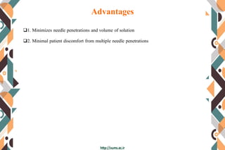 Advantages
1. Minimizes needle penetrations and volume of solution
2. Minimal patient discomfort from multiple needle penetrations
 